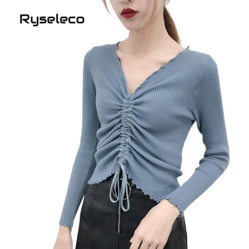 2018 Autumn Basic Thin Lace Up Novelty V-neck Pullovers Sweater Knitwear Fashion Women Long Sleeve Pullovers Female knitted Tops