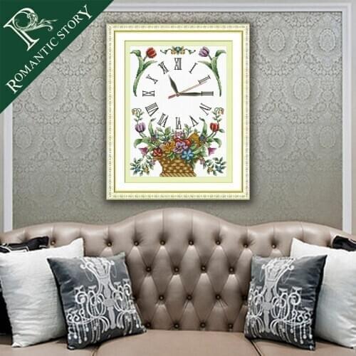 Romantic Story Flower Basket Flower Clock Face Cross Stitch Print Canvas Wall Colok DIY Handmade Needlework Living Room Mural