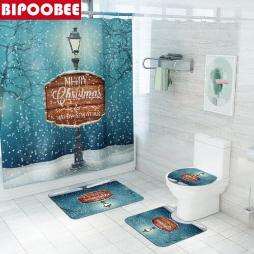 Merry Christmas Shower Curtains Street Light Snow Scene Toilet Lid Cover Non-slip Carpet Bath Mat Bathroom Festival Decoration