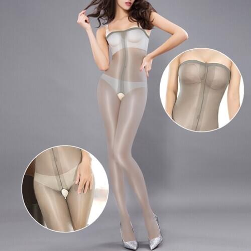 Sexy Women Shiny Glossy Pantyhose Tube top glossy bodysuit oil tights open Crotch sheer