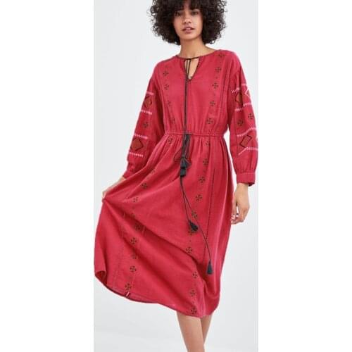 TEELYNN Lantern Long Sleeve Tunic Boho Dress Women 2021 Vintage Ethnic Floral Embroidery Cotton Autumn Vestidos Casual Robe