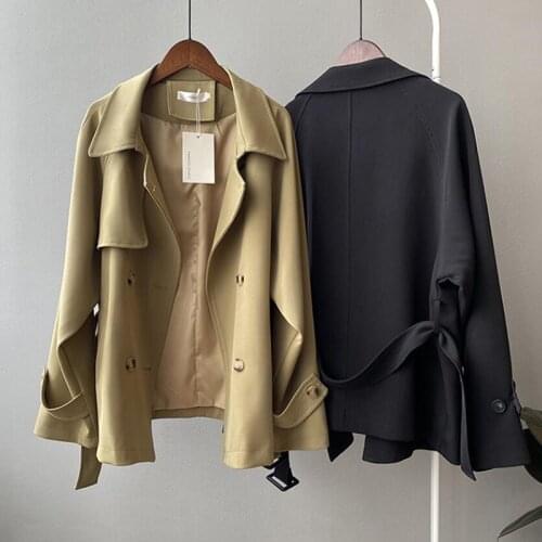 Korean Style Loose Short Womens Trench Coat Double-Breasted Belted Lady Windbreaker Spring Autumn Outerwear Khaki black