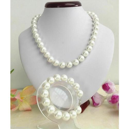 Long 16" 18" 12mm White South Sea Shell Pearl Necklace Bracelet Set