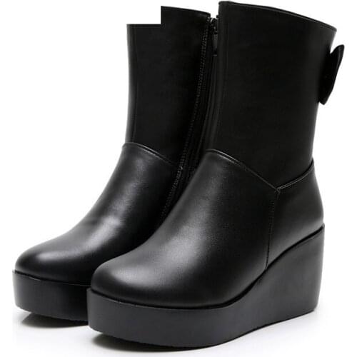 Genuine Leather Cow Wedge Warm Women Ankle Boot Chunky Heel Platform Motorcycle Lace up Motor Booties Footwear Winter Shoe
