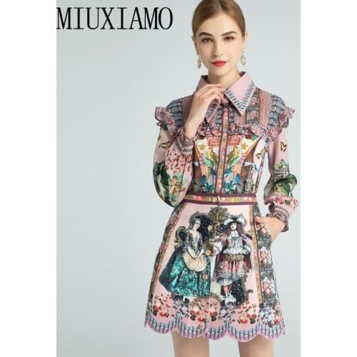 MIUXIMAO 2021 Spring Summer Flower Beauty Retro Print Long Sleeve Ruffles Shirt + Lace Mini Skirt Set Women Two Piece Outfits