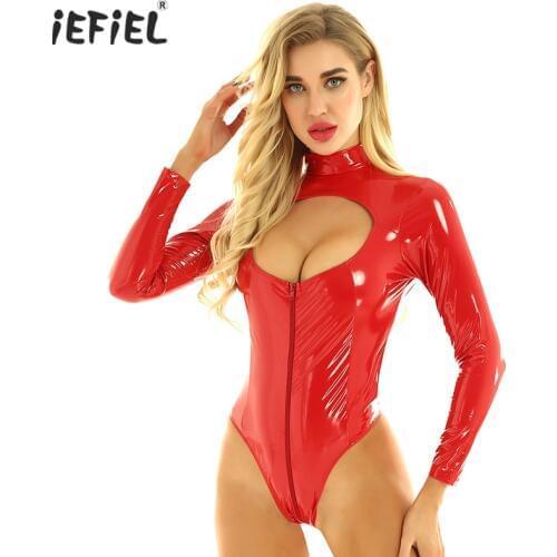 Women PVC Latex Catsuit Wetlook Patent Leather Unitards Long Sleeves Hollow Out Breast Leotard Bodysuit Sexy Lingerie Nightwear