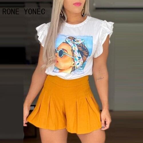 Women Figure Print Short Sleeve Top & Pleated Shorts Summer Vacation Suit
