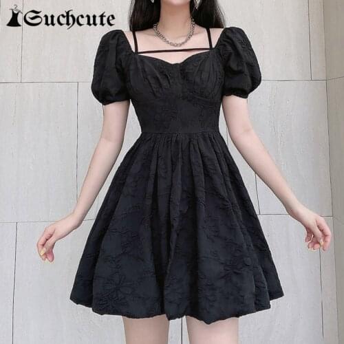 SUCHCUTE Gothic Vintage Slim Mini Dress Women Summer Korean Fashion Puff Sleeve A-Line Dresses Female Floral Print Sundress