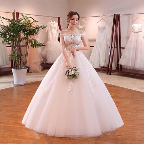 Wedding Dress Boat Neck Off The Shoulder Fashion Floor-Length Lace Up White Floral Print Plus Size Wedding Gowns for Women G085