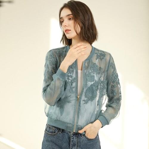 100% Silk Organza Jacket Women Sunscreen Clothing Embroidery Lightweight Fabric Long Sleeve 3 Colors Short Coat Fashion 2019