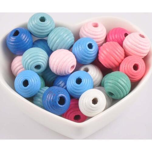 14mm 20Pcs Mixed Color Natural Whorl Wave Wooden Round Ball Spacer Beads for Diy MT2076X