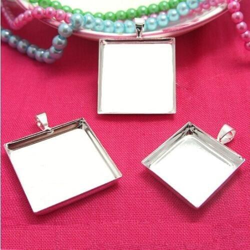 20pcs/lot Inner size:16MM Brass Silver Plated Square Blank Single Pendant Cameo Base Settings DIY Jewelry Accessory Findings