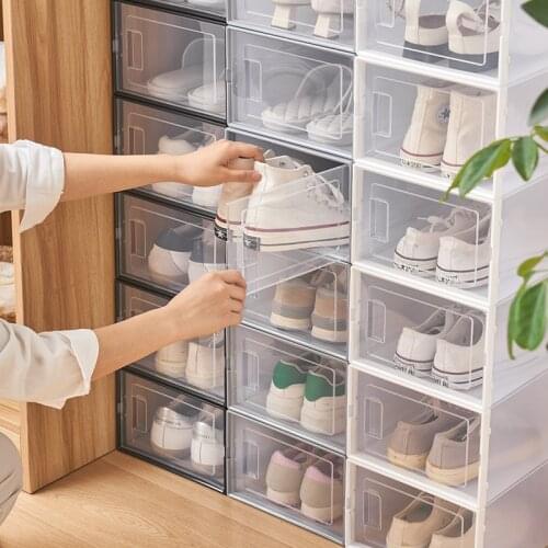 6pcs/set New Side Door Thickened Fold Plastic Shoes Case Transparent Drawer Case Plastic Shoe Boxes Stackable Box Organizer