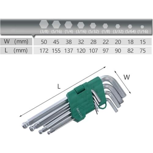 9pcs/set Hex Allen Key Wrench L-Shape 1/16''-3/8'' Hexagon Repair Bicycle Tools 831B