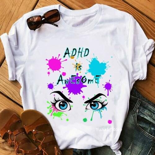 Watercolor Adhd Is Awesome Graphic Print T-Shirt WomenS Clothing Makeup Tee Shirt Femme Eyelashes Tshirt Female Wholesale