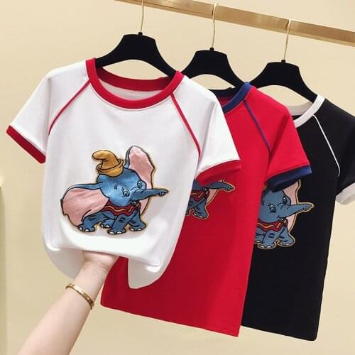 White T shirt Women Kawaii Clothes Summer Short Sleeve Red Cotton Tshirt Women Tops Applique Elephant Tee Shirt Femme