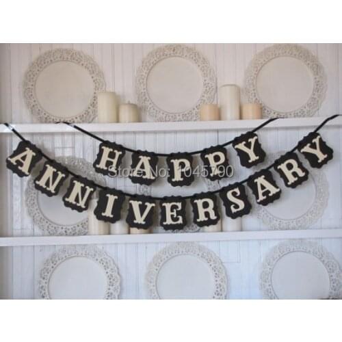 Free Shipping 1 X Black HAPPY ANNIVERSARY Banner Anniversary Sign Hanging Garlands Party Deco Supply