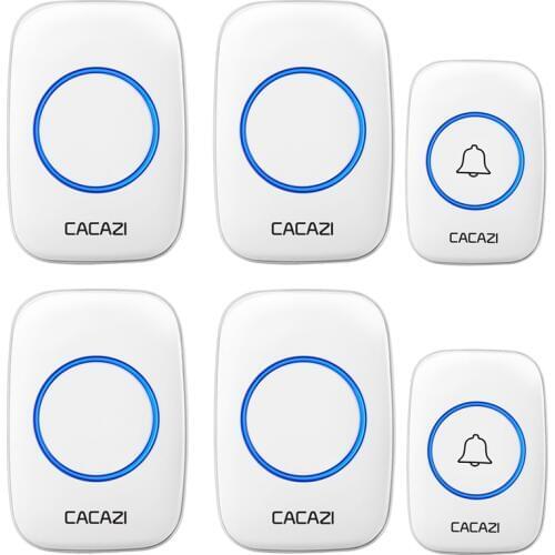 CACAZI Wireless Doorbell Waterproof DC Battery-operated 60 Chimes 5 Volume Levels Home Cordless Door Bell 2 Button 4 Receiver