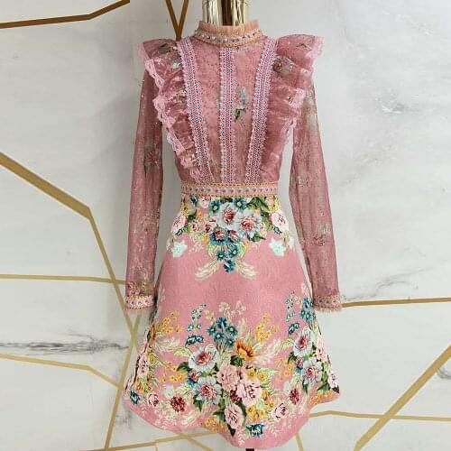 Designer Women Luxury Autumn New Arrival Long Ruffles Lace Sleeve Sequined Print Slim Elegant Mini Dress Vestidos