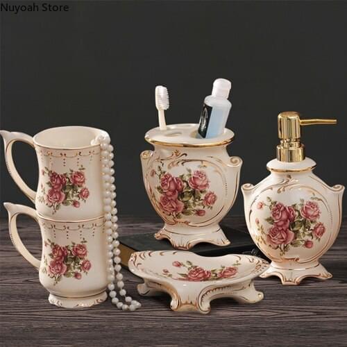 European Ceramic Bathroom Supplies Lotion Bottle Toothbrush Holder Mouthwash Cup Soap Dish Set Home Decoration Accessories
