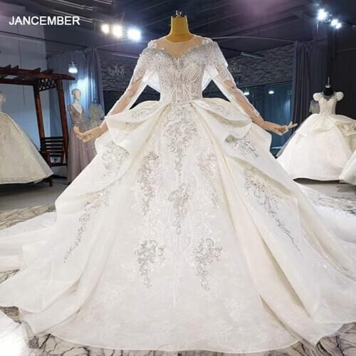 HTL2097 Long Sleeve Sexy V-Neck Ball-Gown Beaded Crystal Luxury Sequined Wedding Dress 2021 Lace Up Back