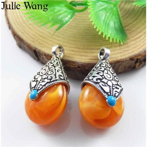 Julie Wang 5PCS Alloy+Resin Orange Drop Shaped Charm For Women Bracelet Pendants Findings Jewelry Making Necklace Accessory