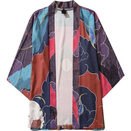 2021 Men Casual Loose Kimono Open Front 3/4 Sleeve Kimono Japanese Style Print Cover Up Kimono Cardigan Men Clothing Chemise