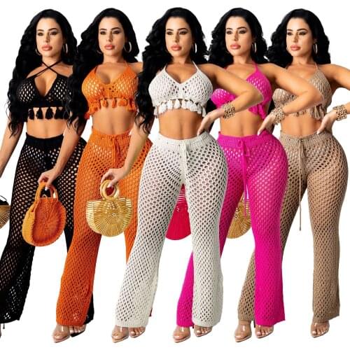 Summer Beach Knitting Tassel Two Piece Set Hollow Out Halter Lace Up Crop Tank Top And wide Legs Pants Solid Color Clothes