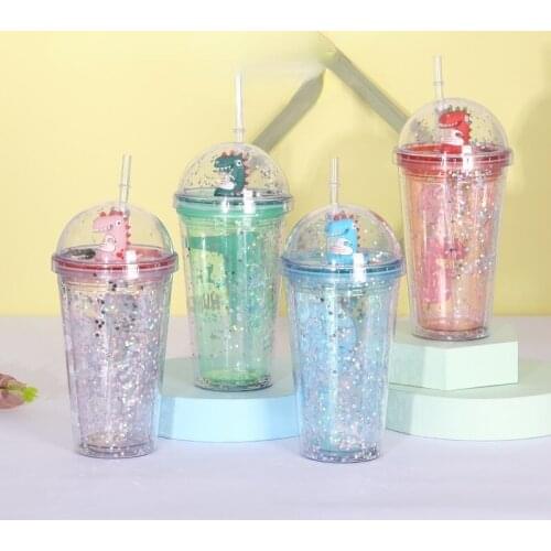 301-400ml Interesting Dinosaur Sippy Cups Cute Cartoon Water Bottle with Lid Straw In Double Shell Fun Plastic Cup for Summer