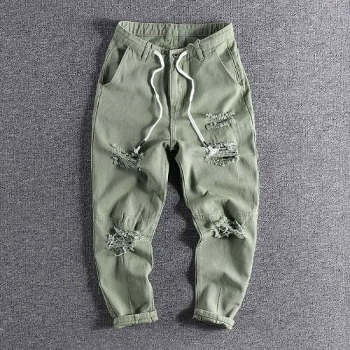 2021 Black trend big hole summer quarter jeans mens loose tapered small feet foreign trade original mens Harlan trouser 155