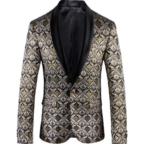 Paisley Pattern Gold Blazer With Contrast Black Collar Dinner Blazer Men 2020 Luxury Jacquard Prom Wedding Palace Blazer Men