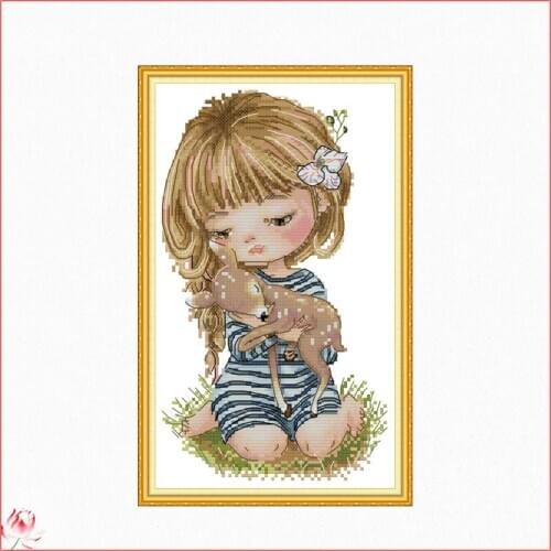 The Girl And The Deer Pattern Cross Stitch Kit 11CT 14CT Count Printed Fabric Embroidery DIY Needlework Sewing Home Decoration