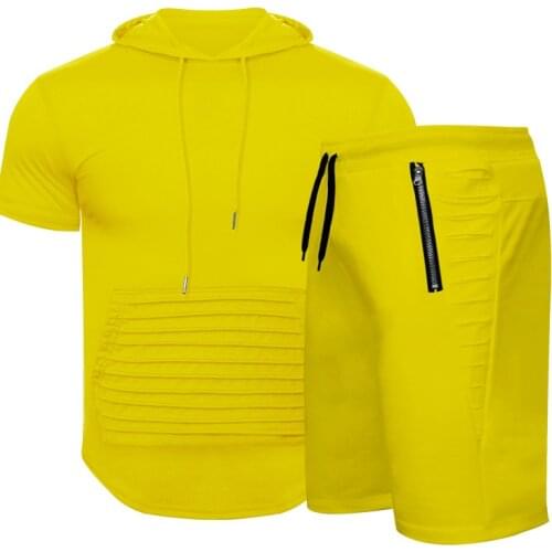 2021 summer new mens fitness and bodybuilding solid color hoodie casual sports vest suit personality hip-hop male shorts
