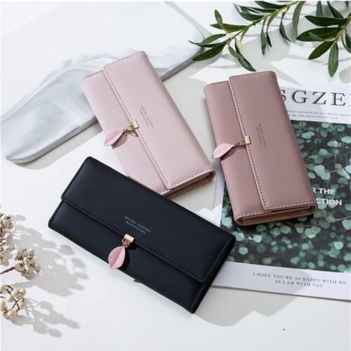 New Women Pu Leather Leaf Decoration Wallets Female Letter Pattern Hasp Long Purses Ladies High Quality Card Holder Clutch