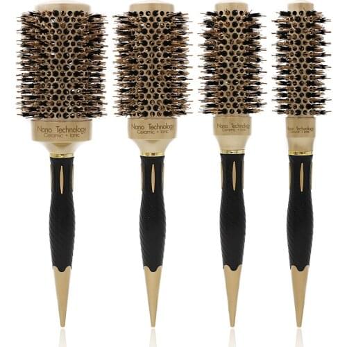 4 Sizes Boar Bristle Hairdressing Thermal Brush For Hair Curling Aluminum Barrel Comb New Handle Gold Hair Round Ceramic Brush