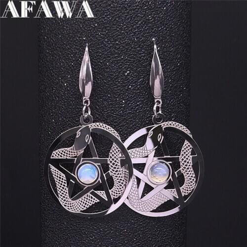 Witchcraft Pentagram Snake Moonstone Stainless Steel Drop Earrings Women Silver Color Earring Jewelry pendientes mujer EXS03