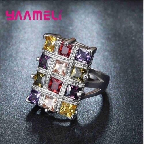 Style Party Ring 925 Sterling Silver Colorful Crystal Square Charm Lady Finger Ornaments Wholesale Christmas Gifts Drop Shipping