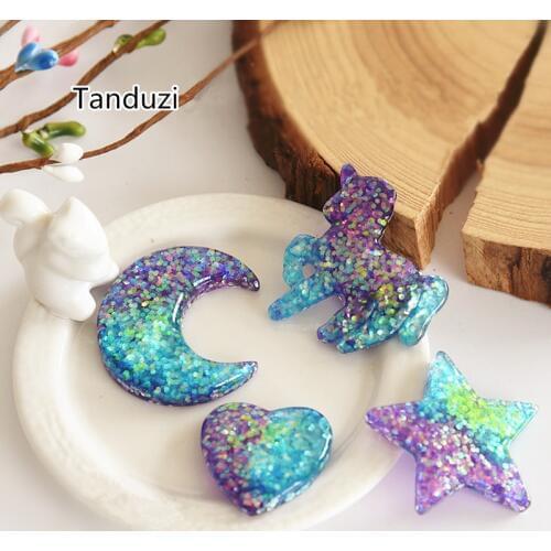 Tanduzi Hot 20PCS Moon Star Heart Unicorn Flatback Blue Glitter Resin Cabochons DIY Home Decoration Accessories Decoden