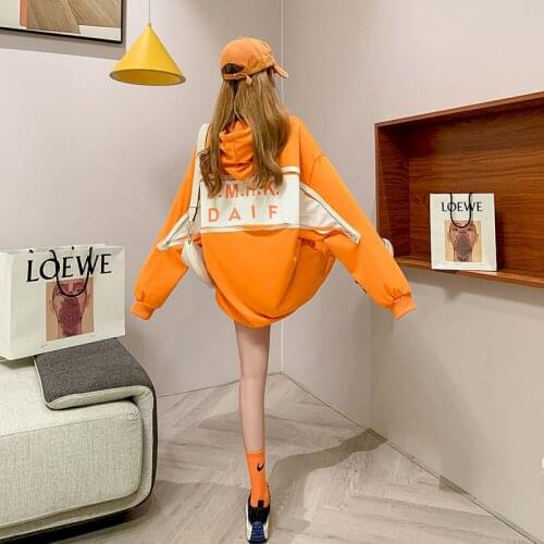 Womens Hoodies 2021 Spring Autumn New Mid-length Korean Loose Thin Pullover Wild Hooded Jacket Letter Printing Sweatshirt Women