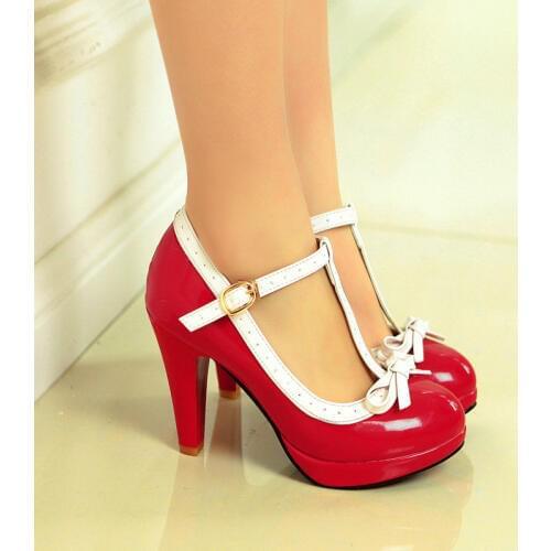 YMECHIC Princess Lolita Mary Jane Shoes Woman High Heels Red White Bowtie Ladies Summer Strap Spike Heel Pumps Party Summer 2018