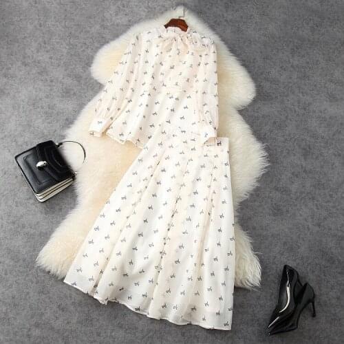 European and American womens clothing 2021 New Style for Spring Printed shirt long sleeves bow tie Pleated skirt Fashion suits