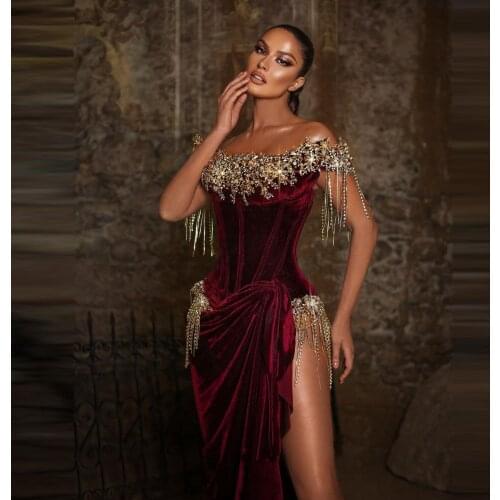 Gorgeous Beaded Prom Dresses Cap Sleeves Tassels Mermaid Ruffles Side Split Women Pageant Evening Gowns 2021