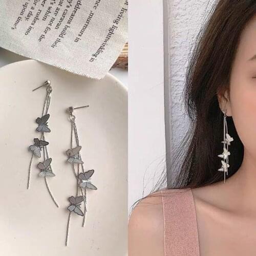 Long Tassel Butterfly Drop Earrings For Women Silver Color Needle Sweet Fashion Hanging Earrings Summer Jewelry Girls Gift 1Pair