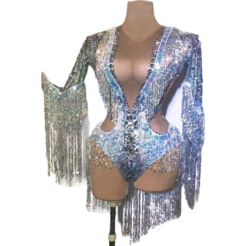 Silver Tassel Jumpsuits Crystal Rhinestone Bodycon Rompers Women Long Sleeves Latin Dance Costume Party Stage Nightclub Costume