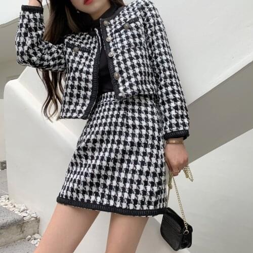 2021 spring retro western style houndstooth long-sleeved woolen slim coat temperament skirt fashion suit women