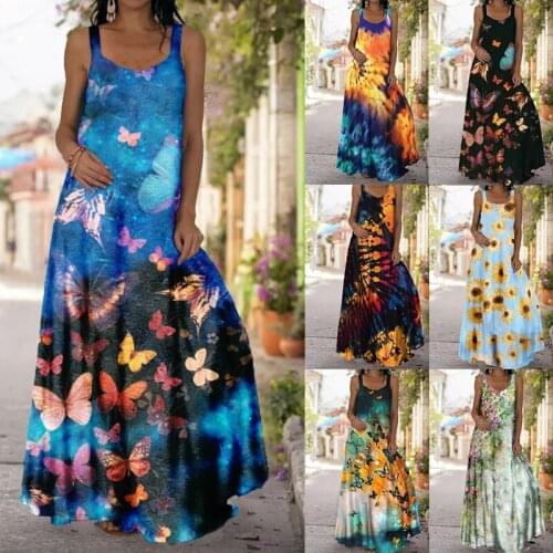 Summer Dress Women Maxi Dresses Casual Sleeveless O-neck Printed Long Dress Sexy Women Clothing Robes Femme Vestidos Plus Size