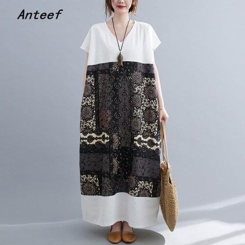 Short sleeve cotton linen vintage floral dresses for women casual loose long summer dress elegant clothes 2021