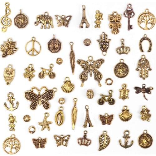 50pcs Antique Golden Alloy Charms Mixed Butterfly Crown Tree Leaf Pendants Bulk Pack for DIY Bracelet Jewelry Making Decorations