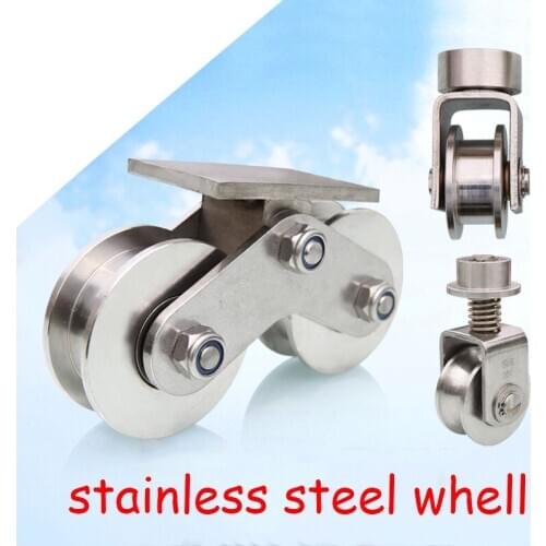 Freeshipping SUS304 double whell track wheel sliding door angle wheel lifting pulley bearing wire rope universal wheel