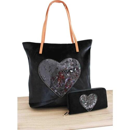 Black Bag Heart Shoulderbag Sequins Woman Wallet Silver Shopper Big Shoulder Soft Love XL